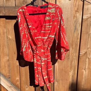 Twinkle by Wenlan Vibrant Red and Gold Long Sleeve Silk Dress